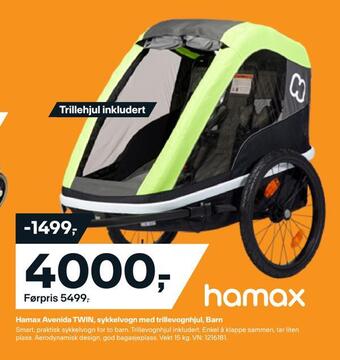 XXL Sport Hamax avenida twin, sykkelvogn med trillevognhjul, barn tilbud