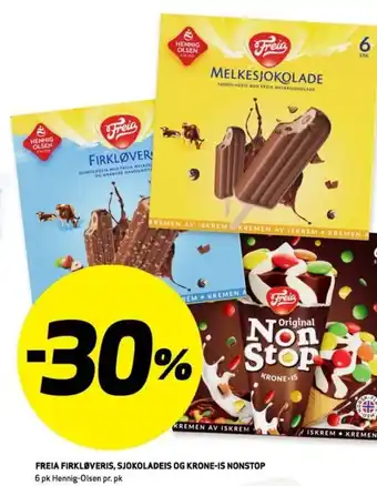 Bunnpris FREIA FIRKLØVERIS, SJOKOLADEIS OG KRONE-IS NONSTOP 6 pk Hennig-Olsen pr. pk tilbud