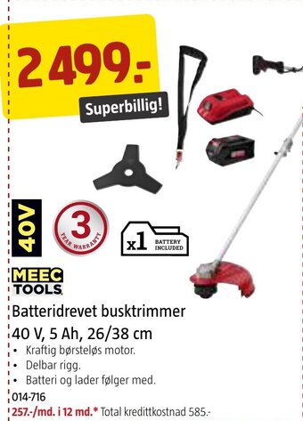 Jula MEEC TOOLS Batteridrevet busktrimmer 40 V, 5 Ah, 26/38 cm tilbud
