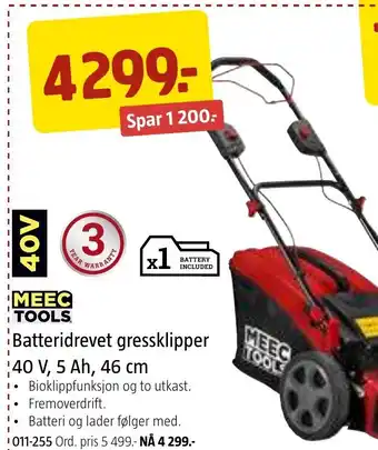 Jula MEEC TOOLS Batteridrevet gressklipper 40 V, 5 Ah, 46 cm tilbud