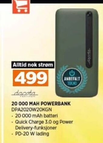 POWER 20 000 MAH POWERBANK DPA2020W20KGN tilbud