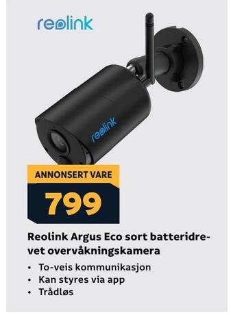 Megaflis Reolink argus eco sort batteridre vet overvåkningskamera tilbud