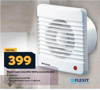 Megaflis Flexit baderomsvifte 100f p m/snorbryter tilbud