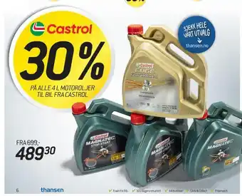 Thansen 30% på alle 4 l motoroljer til bil fra castrol tilbud