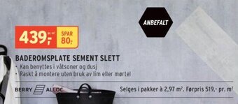 Montér BADEROMSPLATE SEMENT SLETT tilbud