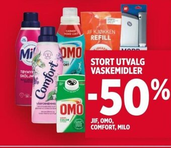 Meny STORT UTVALG VASKEMIDLER JIF, OMO, COMFORT, MILO tilbud