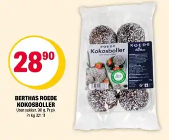 Coop Extra BERTHAS ROEDE KOKOSBOLLER Uten sukker. 90 g. Pr pk Pr kg 321,11 tilbud