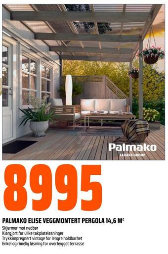 Obs Bygg Palmako elise veggmontert pergola 14,6 m2 tilbud