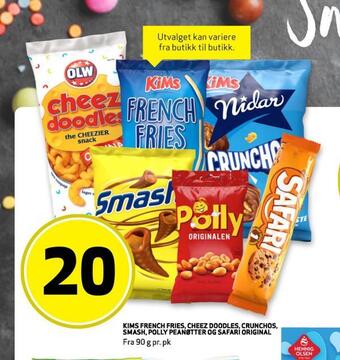 Bunnpris Kims french fries, cheez doodles, crunchos, smash, polly peanøtter og safari original tilbud