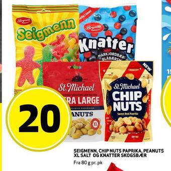 Bunnpris Seigmenn, chip nuts paprika, peanuts xl salt og knatter skogsbær tilbud