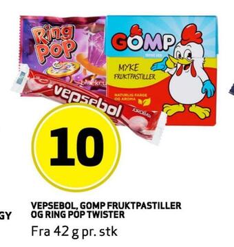 Bunnpris Vepsebol, gomp fruktpastiller og ring pop twister tilbud