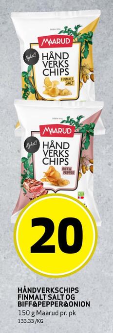 Bunnpris Håndverkschips finmalt salt og biff & pepper & onion tilbud