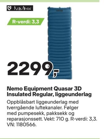 XXL Sport Nemo equipment quasar 3d insulated regular, liggeunderlag tilbud
