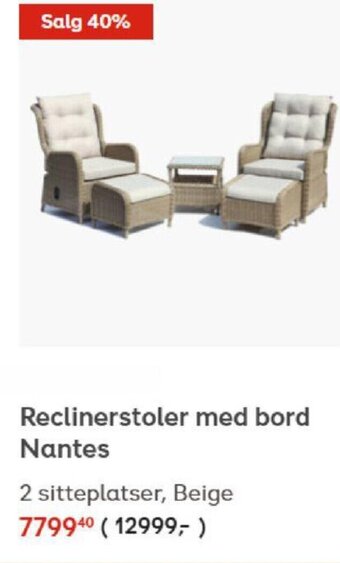 Plantasjen Reclinerstoler med bord Nantes 2 sitteplatser, Beige tilbud