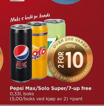 Meny Pepsi max/solo super/ 7-up free tilbud