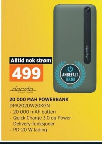 POWER 20 000 MAH POWERBANK DPA2020W20KGN tilbud
