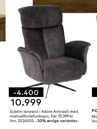 Skeidar Sublim lenestol i adore antrasit med manuellhvilefunksjon tilbud
