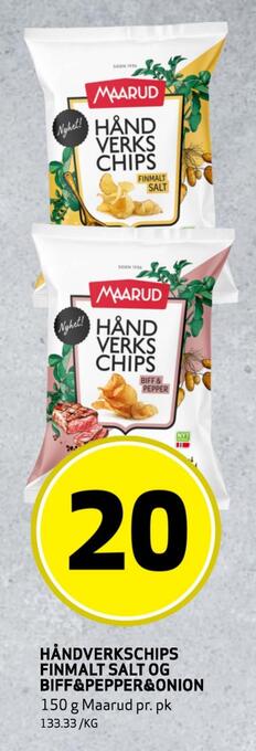 Bunnpris Håndverkschips finmalt salt og biff & pepper & onion tilbud