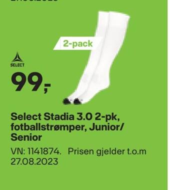 XXL Sport Select stadia 3,0 2-pk, fotballstrømper, junior/ senior tilbud