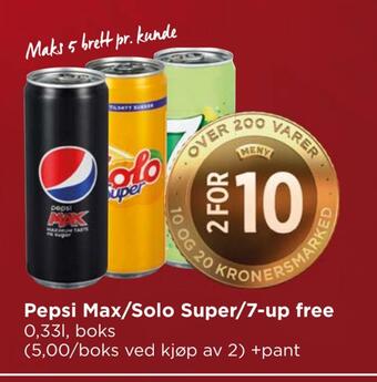 Meny Pepsi max/solo super/7-up free tilbud