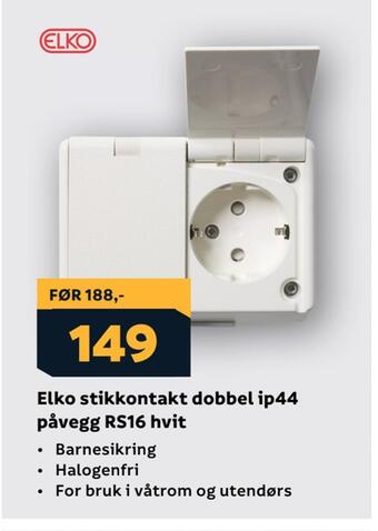 Megaflis Elko stikkontakt dobbel ip44 påvegg rs16 hvit tilbud