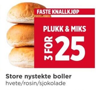 Meny Store nystekte boller hvete/rosin/sjokolade tilbud