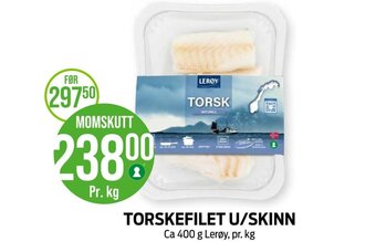 Kiwi TORSKEFILET U/SKINN Ca 400 g Lerøy, pr. kg tilbud