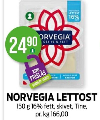 Kiwi NORVEGIA LETTOST 150 g 16% fett, skivet, Tine, tilbud
