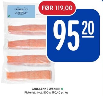 Rema 1000 LAKS LENKE U/SKINN O Fiskeriet, fryst, 500 g, tilbud