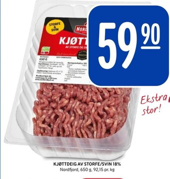 Rema 1000 KJØTTDEIG AV STORFE/SVIN 18% Nordfjord, 650 g, tilbud