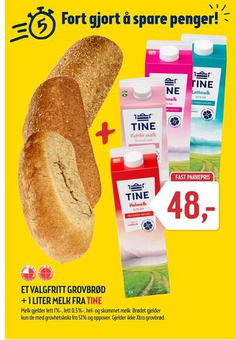Coop Prix Et valgfritt grovbrød + 1 liter melk fra tine tilbud