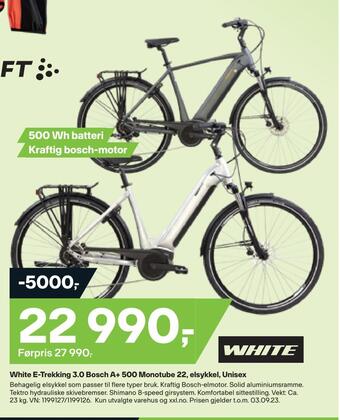 XXL Sport White e-trekking 3,0 bosch a+ 500 monotube 22, elsykkel, unisex tilbud