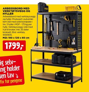 jem & fix Arbeidsbord med verktøysvegg og hyller tilbud