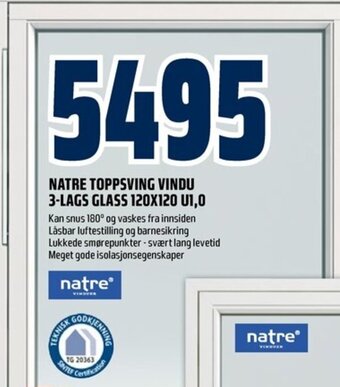 Coop Obs NATRE TOPPSVING VINDU 3-LAGS GLASS 120X120 U1,0 tilbud