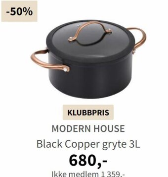 Tilbords MODERN HOUSE Black Copper gryte 3L tilbud