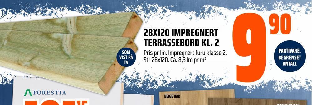 Obs Bygg 28x120 impregnert terrassebord kl. 2 tilbud