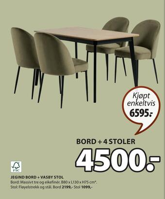 JYSK Bord + 4 stoler tilbud