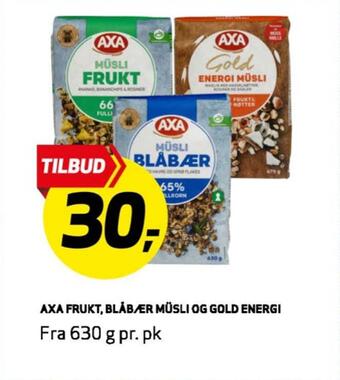 Bunnpris Axa frukt, blåbær mosli og gold energi tilbud