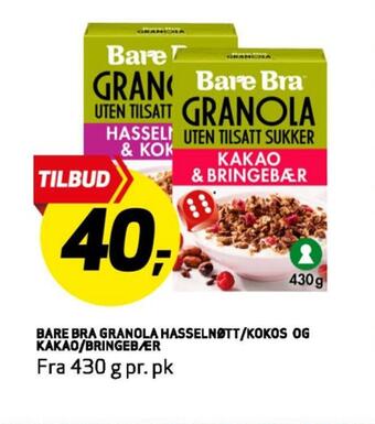 Bunnpris Bare bra gran ola hasselnøtt/kokos og kakao/bringebær tilbud