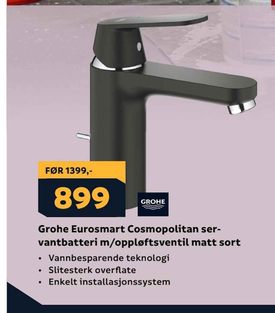 Megaflis Grohe eurosmart cosmopolitan ser vantbatteri m/oppløftsventil matt sort tilbud