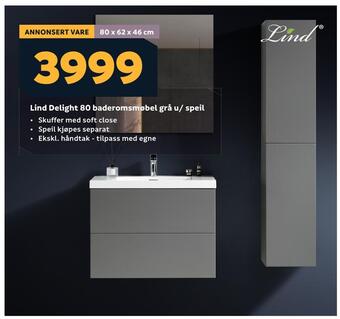 Megaflis Lind delight 80 baderomsmøbel grå u/ speil tilbud