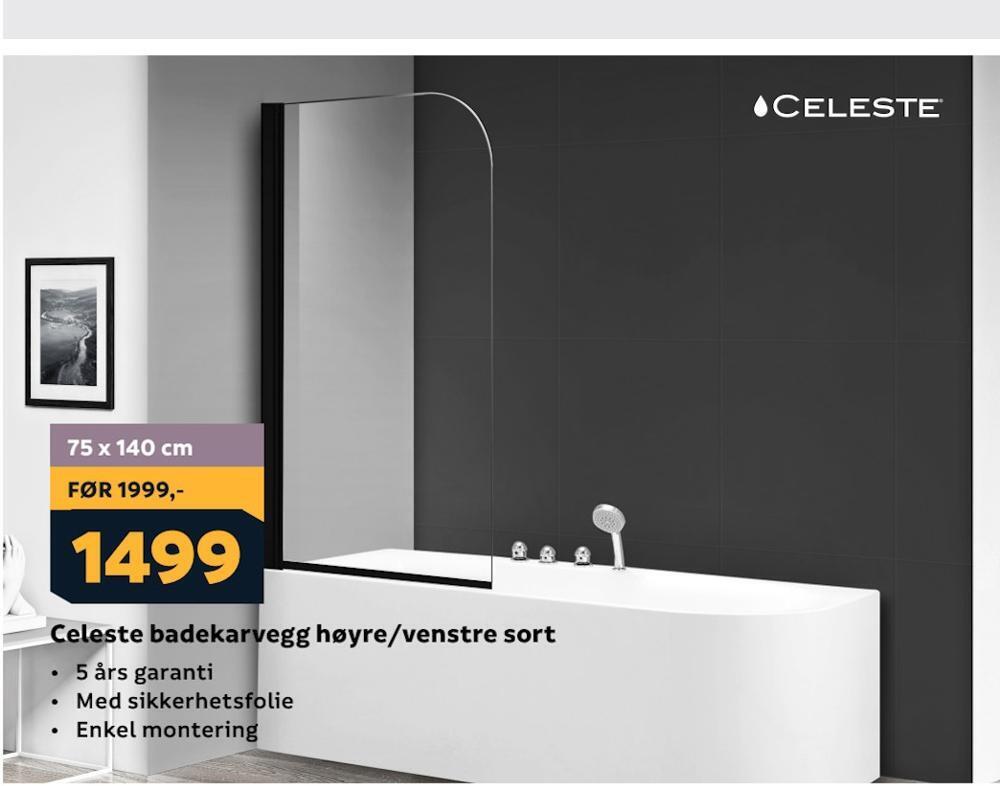 Megaflis Celeste badekarvegg høyre/venstre sort tilbud
