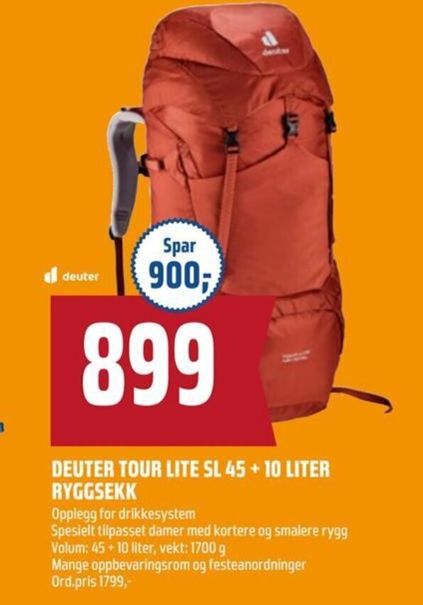 Coop Obs DEUTER TOUR LITE SL 45 + 10 LITER RYGGSEKK tilbud