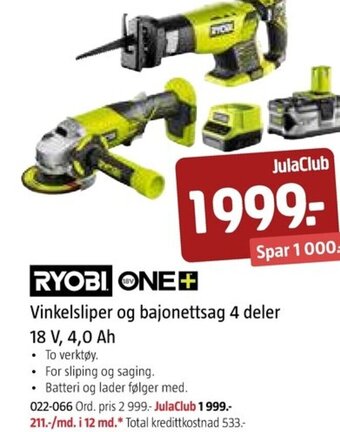 Jula RYOBI ONE+ Vinkelsliper og bajonettsag 4 deler tilbud