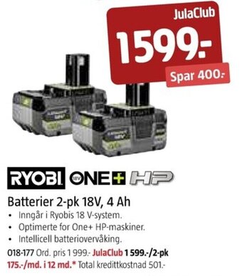 Jula RYOBI ONE+HP Batterier 2-pk 18V, 4 Ah tilbud
