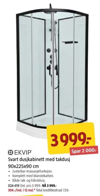 Jula Svart dusjkabinett med takdusj 90x225x90 cm tilbud
