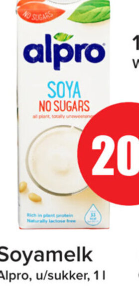 Spar Soyamelk Alpro, u/sukker, 1L tilbud