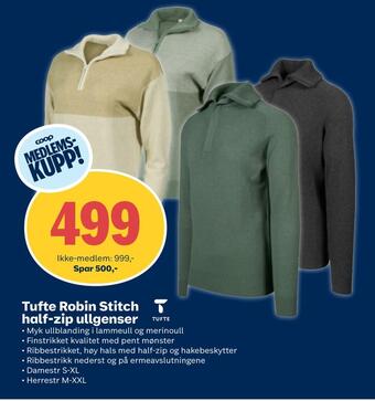 Coop Obs Tufte robin stitch half-zip ullgenser tilbud