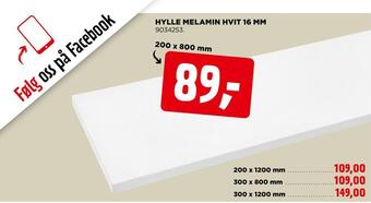 jem & fix Hylle melamin hvit 16 mm tilbud