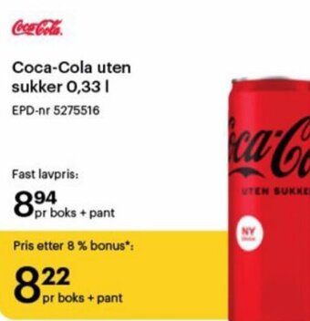Storcash Coca-Cola uten sukker 0,33L tilbud